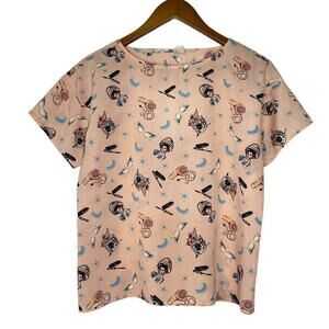 Beautician Retro Beauty Pink Blouse Short Sleeve Graphic Top Hair Dryer Glasses